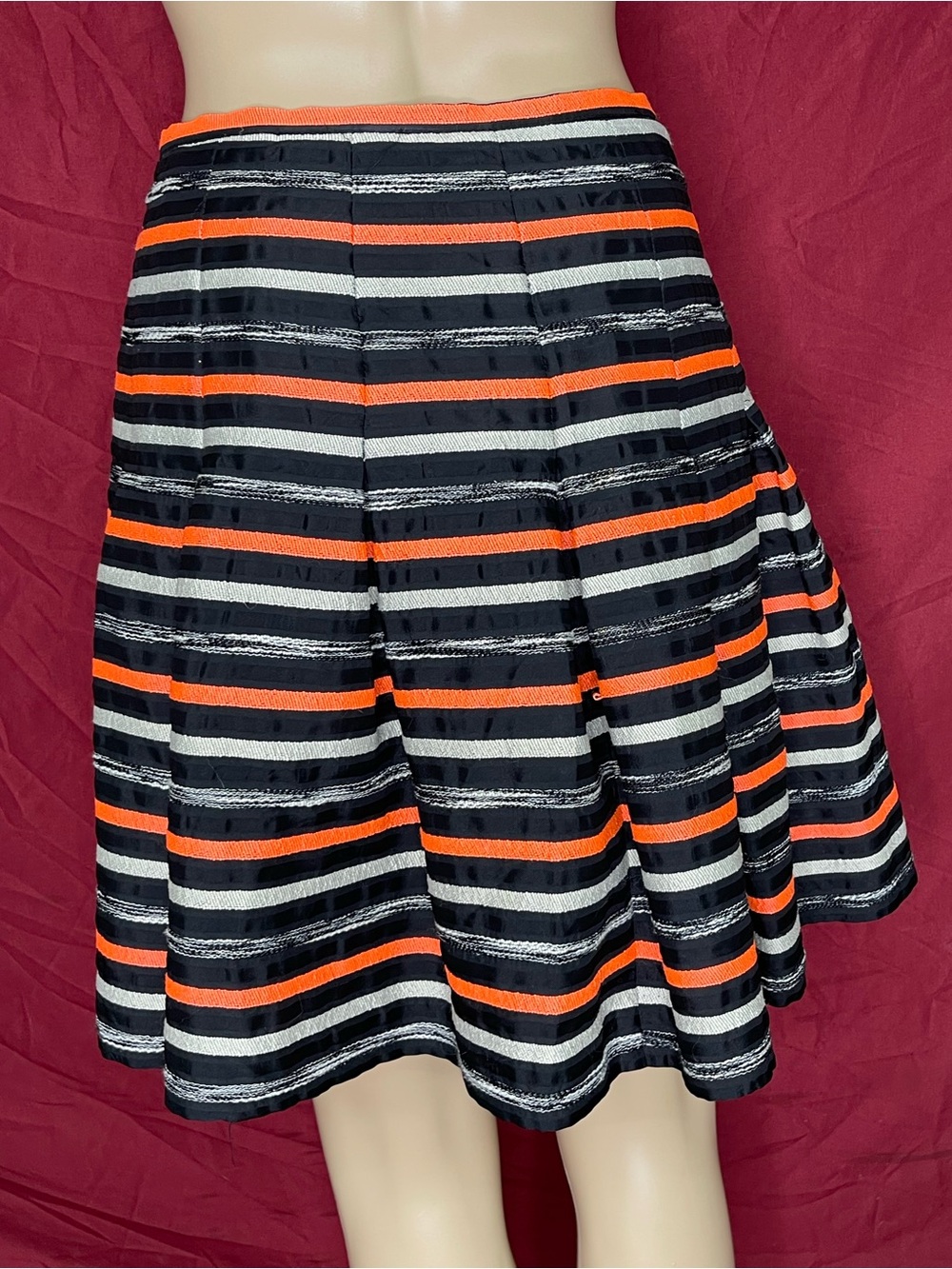 Anthropologie HD in Paris Neon Orange Black Striped Pleated Skater Skirt Size 2 - Picture 3 of 6